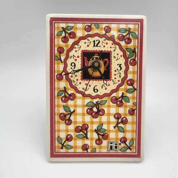 Mary Engelbreit Other - Vintage Mary Engelbreit Ceramic Tile Table, Wall Clock Gingham Cherries-Works!